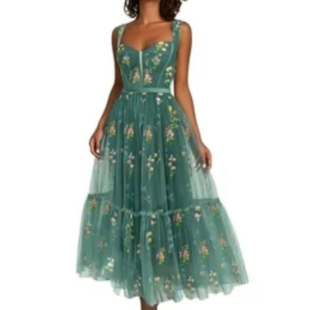 Corset Floral Embroidered Green Ruched Layered Tulle Flower  Midi Prom Dress